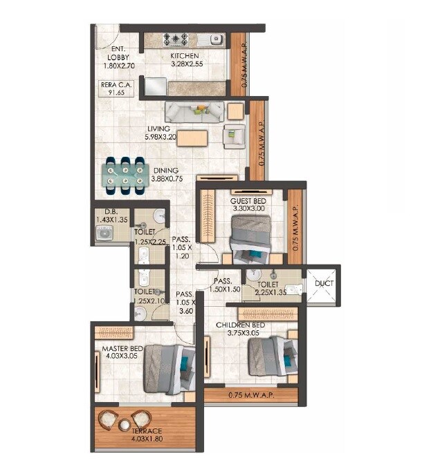 Floor plan of 3 BHK 1128 Sq. Ft. Apartment in Saideep Chavan Advaitam, Thane