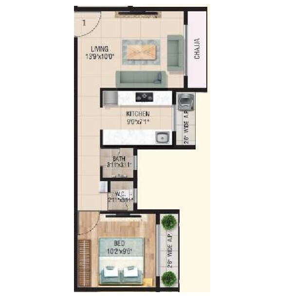 Floor plan of 1 BHK 431 Sq. Ft. Apartment in Saigan Nav Samidha CHS, Thane
