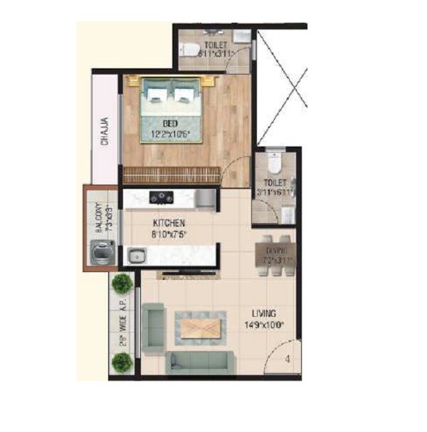 Floor plan of 1 BHK 549 Sq. Ft. Apartment in Saigan Nav Samidha CHS, Thane