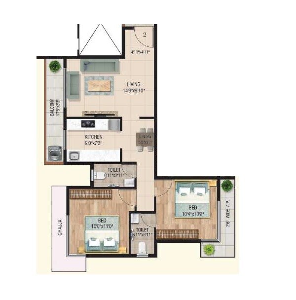 Floor plan of 2 BHK 636 Sq. Ft. Apartment in Saigan Nav Samidha CHS, Thane