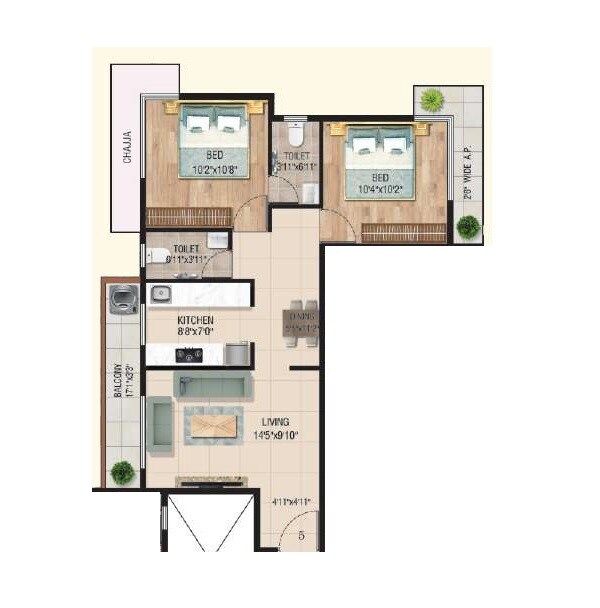 Floor plan of 2 BHK 701 Sq. Ft. Apartment in Saigan Nav Samidha CHS, Thane