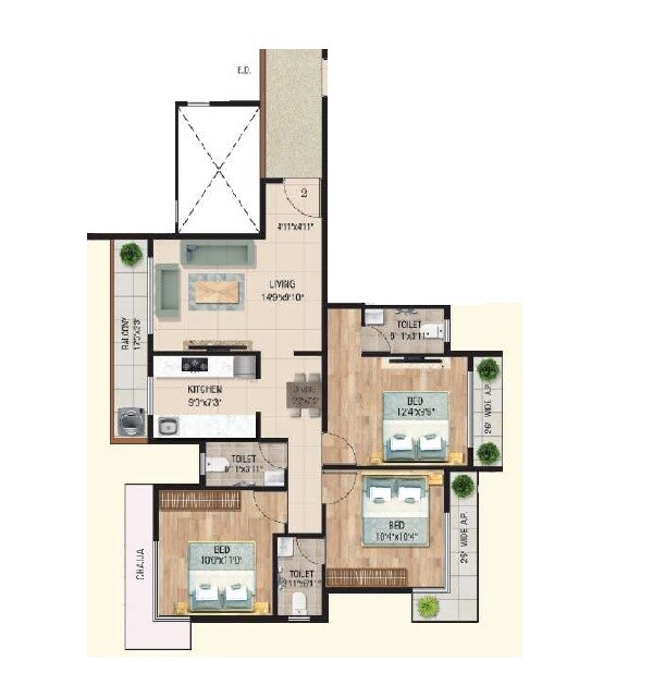Floor plan of 3 BHK 896 Sq. Ft. Apartment in Saigan Nav Samidha CHS, Thane