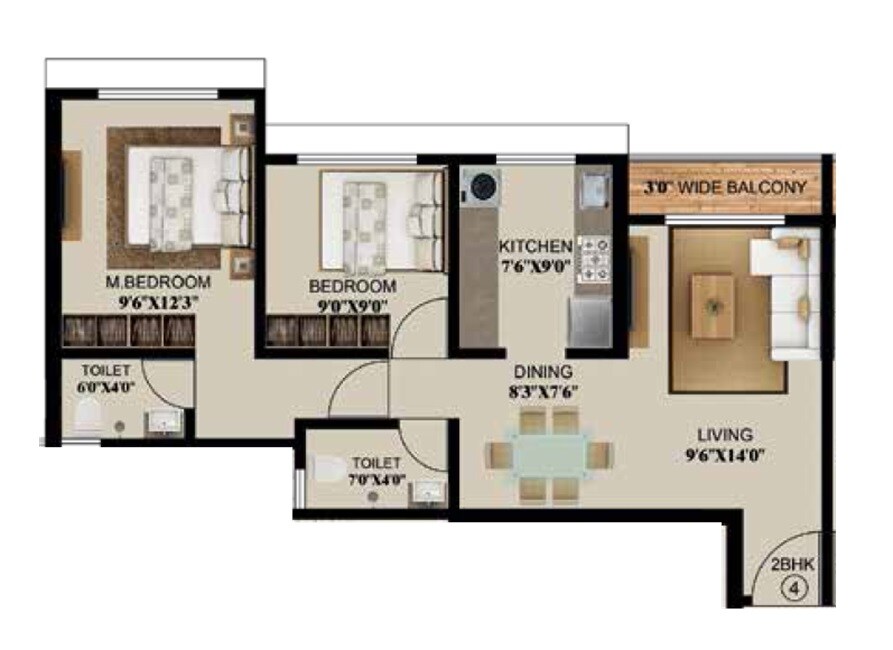 Floor plan of 2 BHK 680 Sq. Ft. Apartment in Sairaj Balaji Vishant, Thane