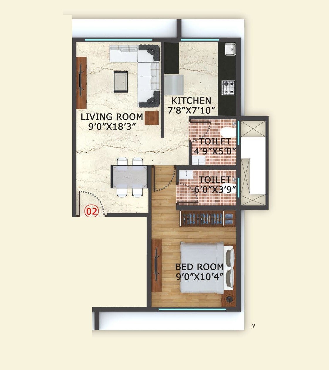 Floor plan of 1 BHK 413 Sq. Ft. Apartment in Saish Maitreya Imperial, Thane