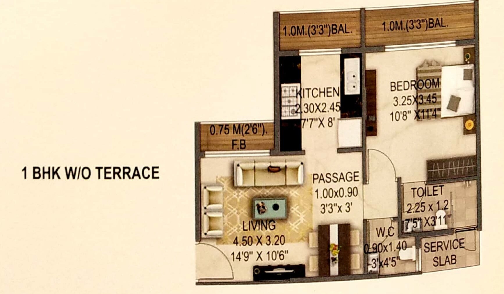 Floor plan of 1 BHK 531 Sq. Ft. Apartment in Saket World, Thane