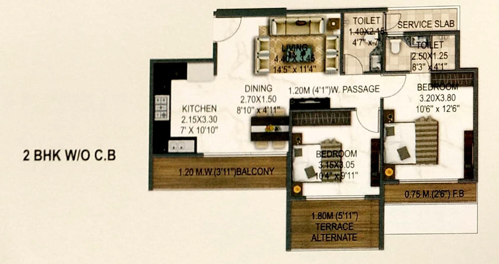 Floor plan of 2 BHK 816 Sq. Ft. Apartment in Saket World, Thane