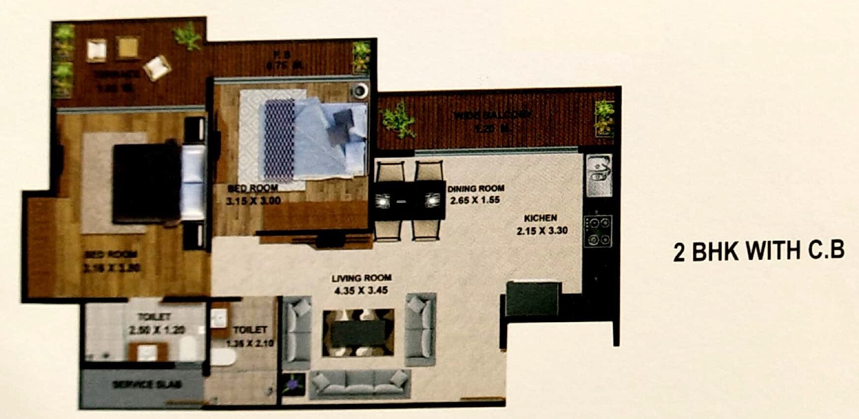 Floor plan of 2 BHK 643 Sq. Ft. Apartment in Saket World, Thane