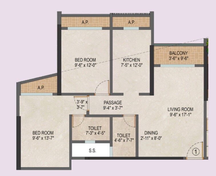 Floor plan of 2 BHK 842 Sq. Ft. Apartment in Salasar Exotica I, Thane