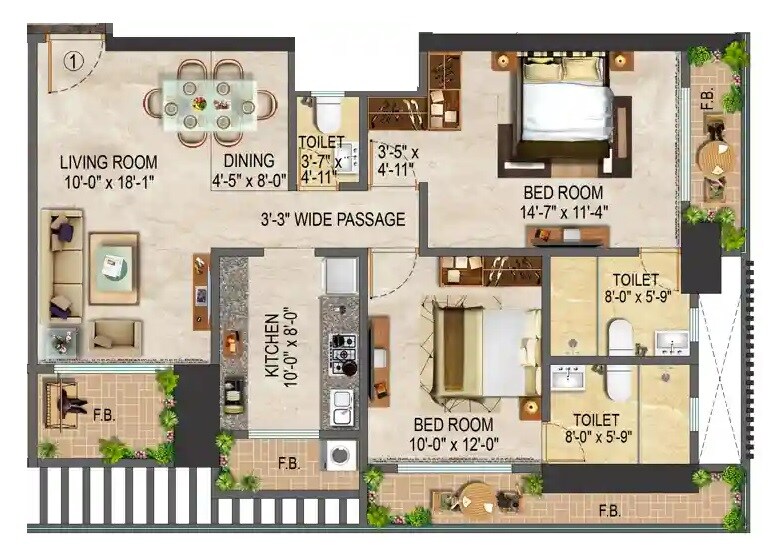 Floor plan of 2 BHK 804 Sq. Ft. Apartment in Salasar Kasturi Solitaire, Thane