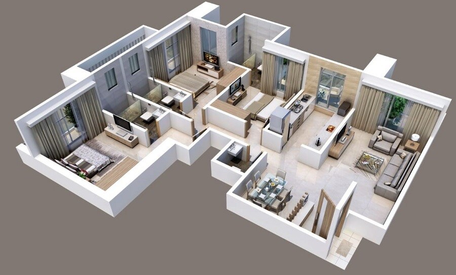 Floor plan of 3 BHK 1057 Sq. Ft. Apartment in Salasar Kasturi Solitaire, Thane