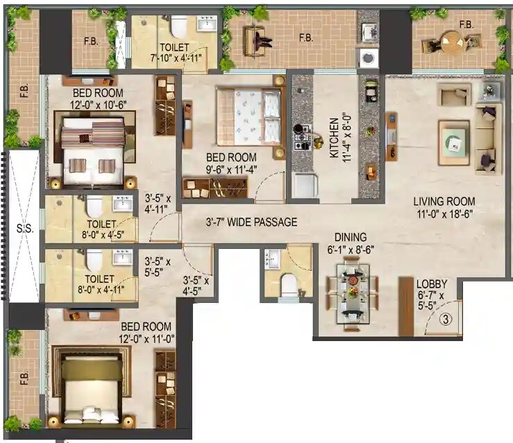 Floor plan of 3 BHK 1072 Sq. Ft. Apartment in Salasar Kasturi Solitaire, Thane