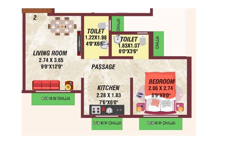 Floor plan of 1 BHK 320 Sq. Ft. Apartment in Samrin Changuna Aangan, Thane