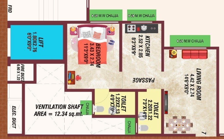 Floor plan of 1 BHK 387 Sq. Ft. Apartment in Samrin Changuna Aangan, Thane