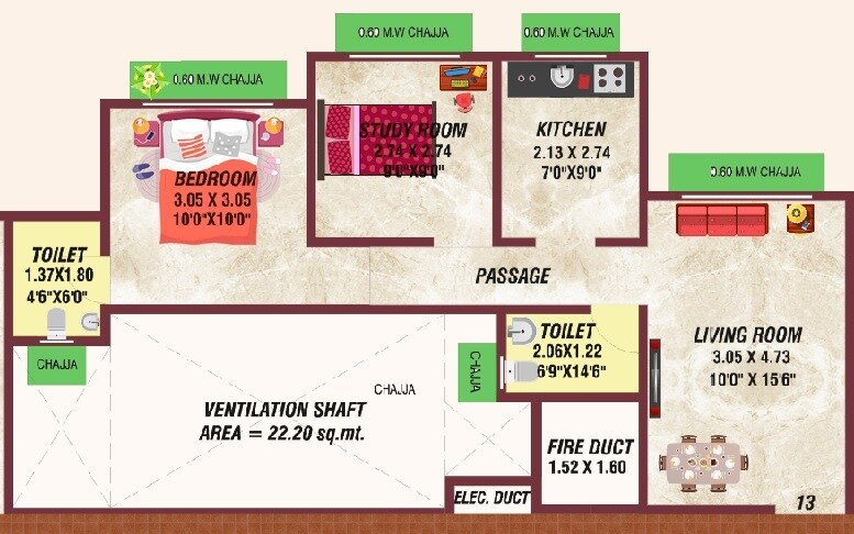 Floor plan of 2 BHK 530 Sq. Ft. Apartment in Samrin Changuna Aangan, Thane