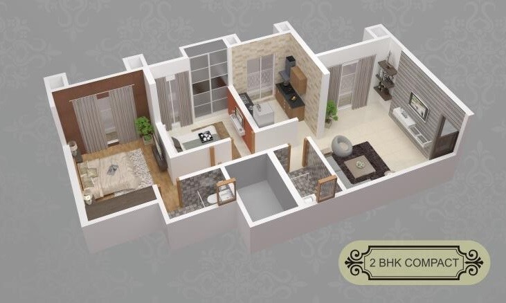 Floor plan of 2 BHK 736 Sq. Ft. Apartment in Samrin Heritage, Thane