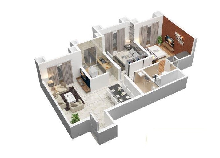 Floor plan of 2 BHK 779 Sq. Ft. Apartment in Samrin Heritage, Thane