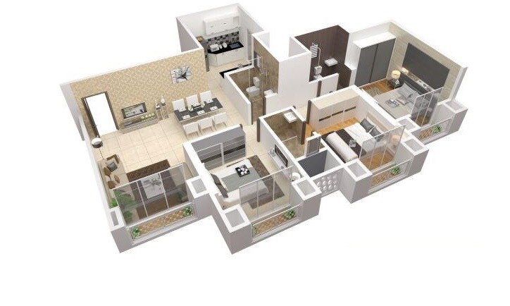 Floor plan of 3 BHK 1029 Sq. Ft. Apartment in Samrin Heritage, Thane