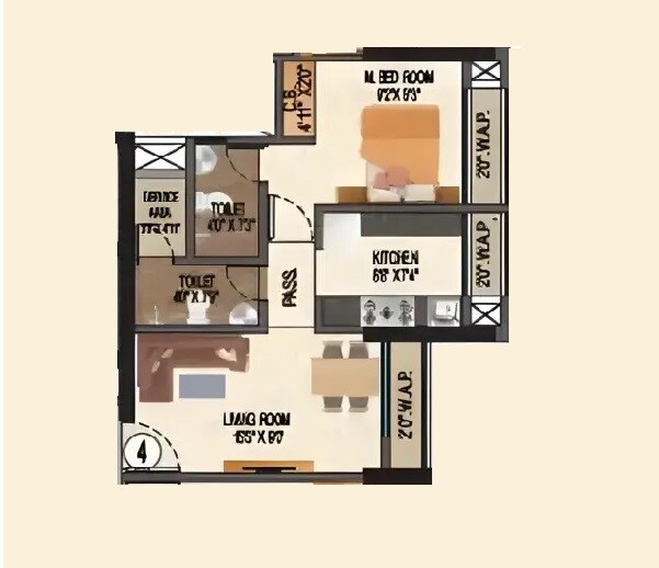 Floor plan of 1 BHK 458 Sq. Ft. Apartment in Samrin White Rose, Thane