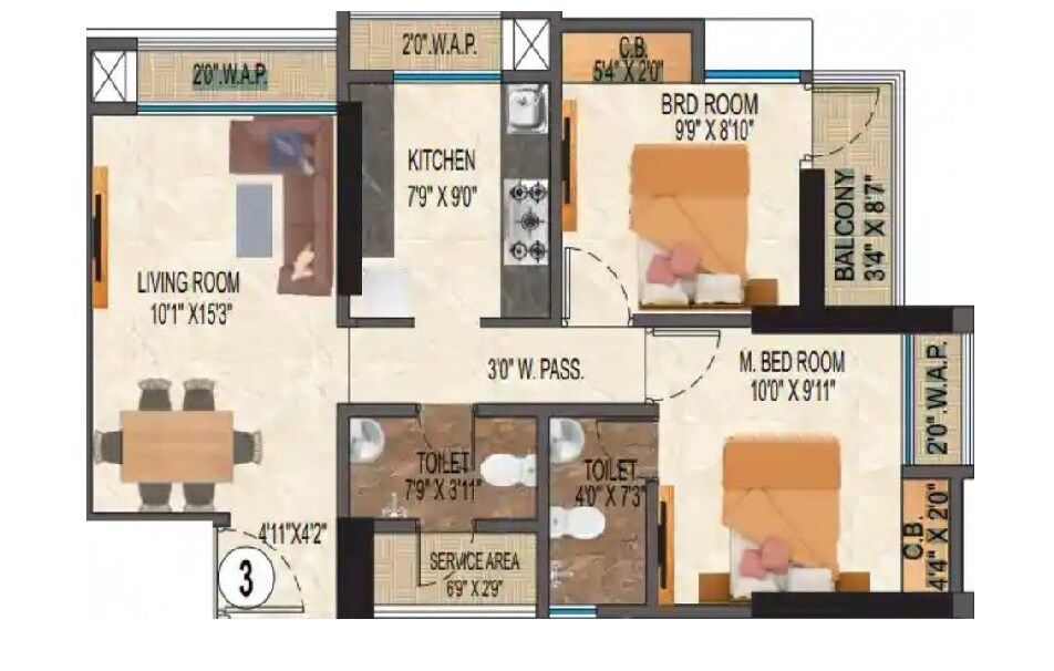Floor plan of 2 BHK 689 Sq. Ft. Apartment in Samrin White Rose, Thane