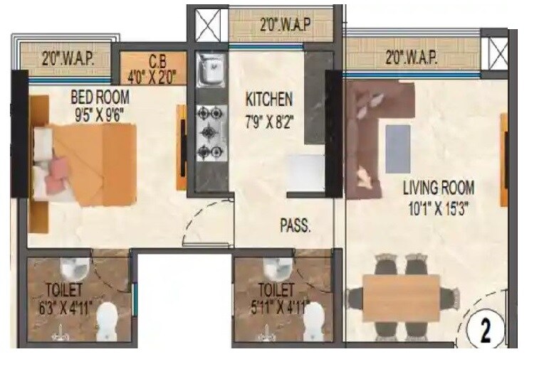 Floor plan of 2 BHK 699 Sq. Ft. Apartment in Samrin White Rose, Thane