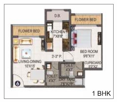 Floor plan of 1 BHK 518 Sq. Ft. Apartment in Sanghvi Ecocity, Thane