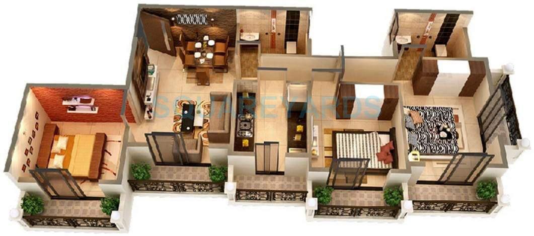 Floor plan of 3 BHK 830 Sq. Ft. Apartment in Sanghvi Golden City, Thane