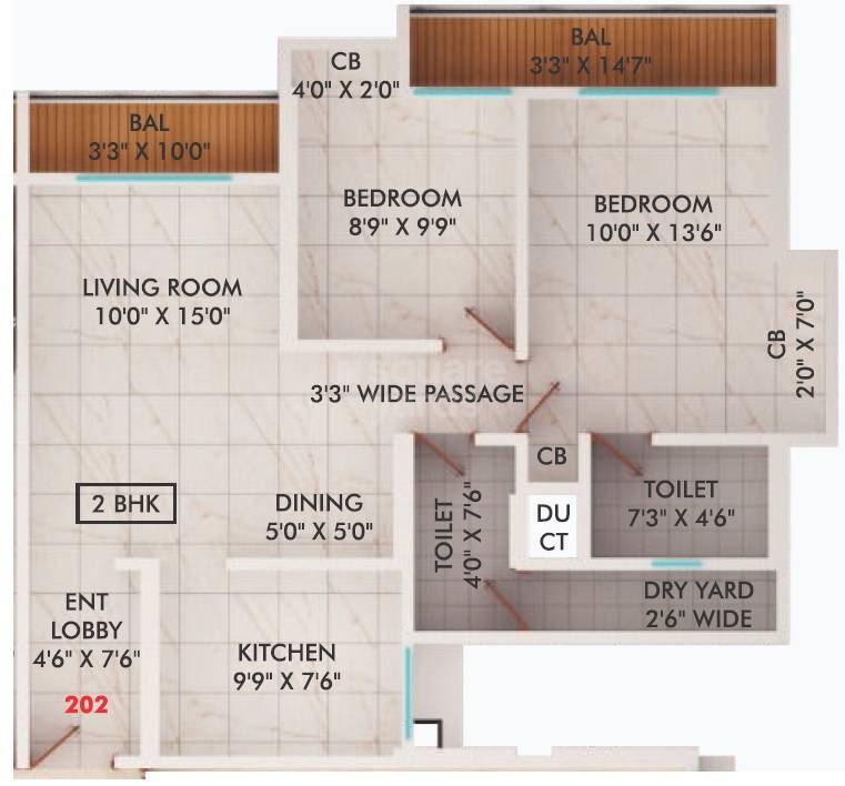 Floor plan of 2 BHK 637 Sq. Ft. Apartment in Sanghvi Nesta, Thane