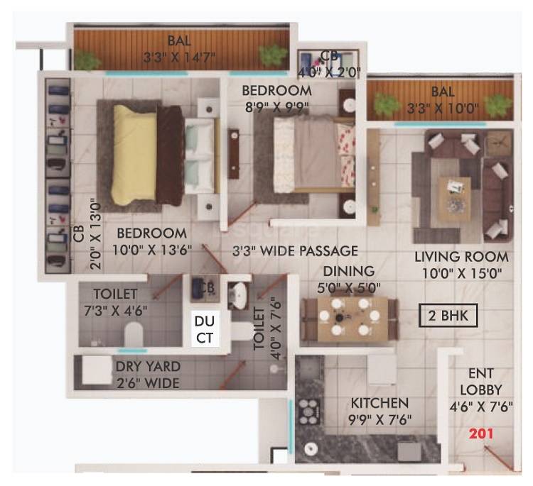 Floor plan of 2 BHK 750 Sq. Ft. Apartment in Sanghvi Nesta, Thane
