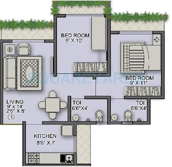 Floor plan of 2 BHK 860 Sq. Ft. Apartment in Sanghvi Paradise, Thane