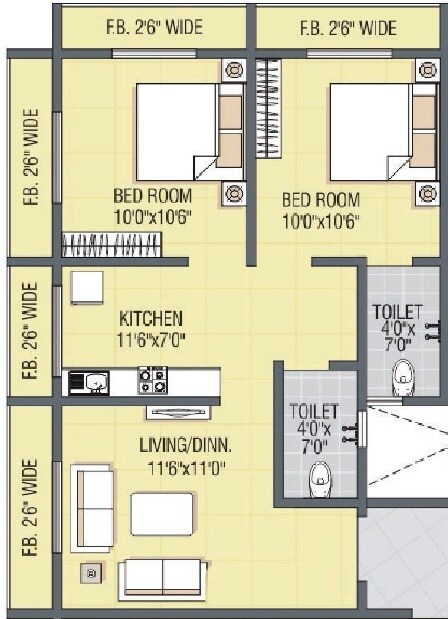 Floor plan of 2 BHK 473 Sq. Ft. Apartment in Sanghvi Parsssva Classic, Thane