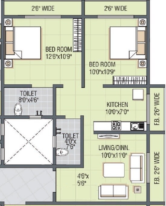 Floor plan of 2 BHK 555 Sq. Ft. Apartment in Sanghvi Parsssva Classic, Thane