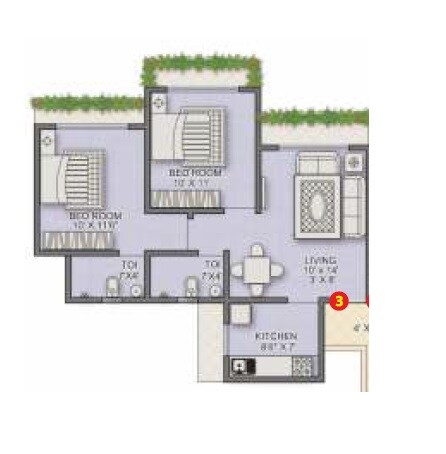 Floor plan of 2 BHK 419 Sq. Ft. Apartment in Sanghvi S3 Paradise Phase 1, Thane