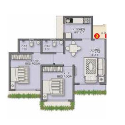 Floor plan of 2 BHK 494 Sq. Ft. Apartment in Sanghvi S3 Paradise Phase 1, Thane