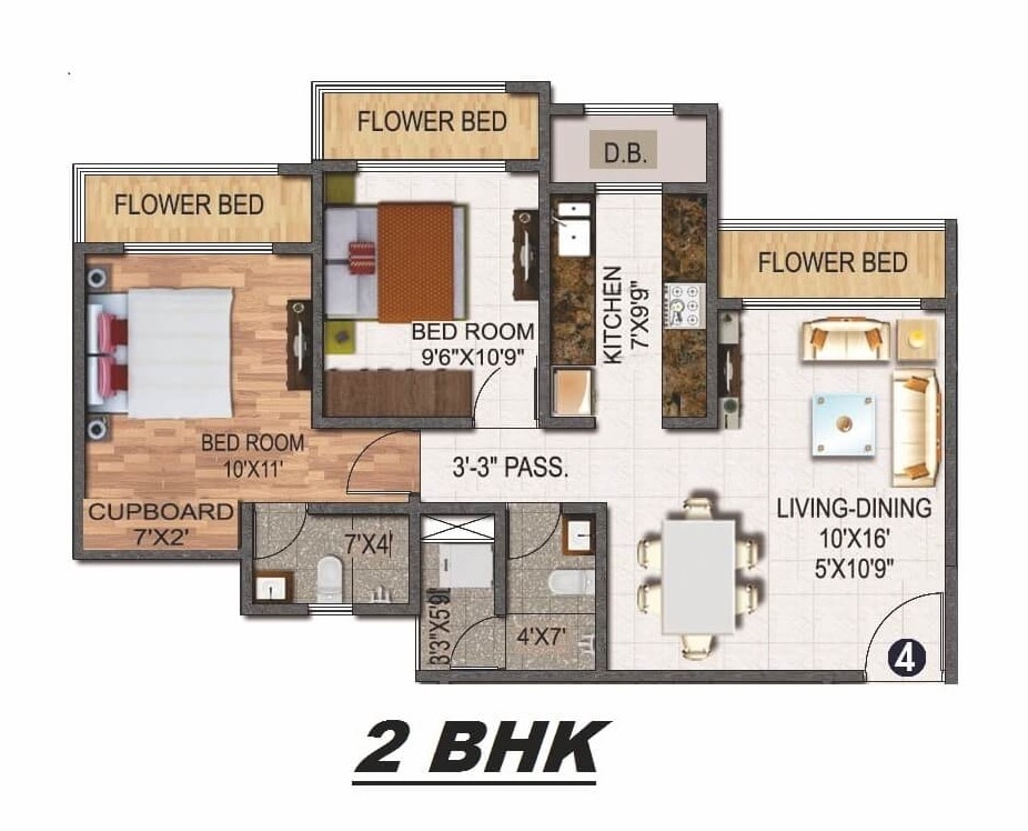 Floor plan of 2 BHK 552 Sq. Ft. Apartment in Sanghvi S3 Skyrise, Thane