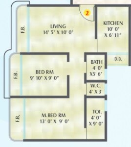 Floor plan of 2 BHK 905 Sq. Ft. Apartment in Sanghvi Shankheshwar Nagar Phase 3, Thane