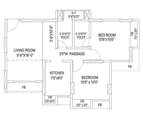 Floor plan of 2 BHK 623 Sq. Ft. Apartment in Sanghvi Valley, Thane