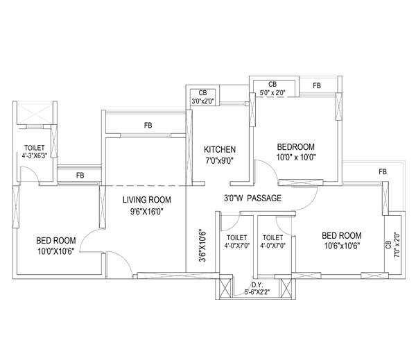 Floor plan of 3 BHK 738 Sq. Ft. Apartment in Sanghvi Valley, Thane
