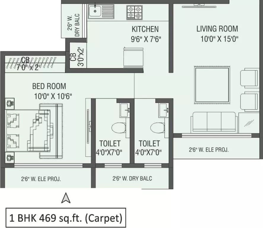 Floor plan of 1 BHK 469 Sq. Ft. Apartment in Sapata Shree Heights, Thane