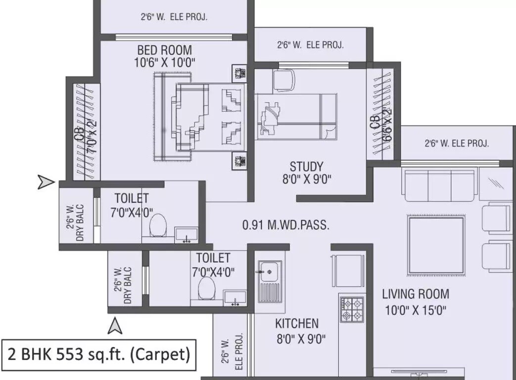 Floor plan of 2 BHK 553 Sq. Ft. Apartment in Sapata Shree Heights, Thane