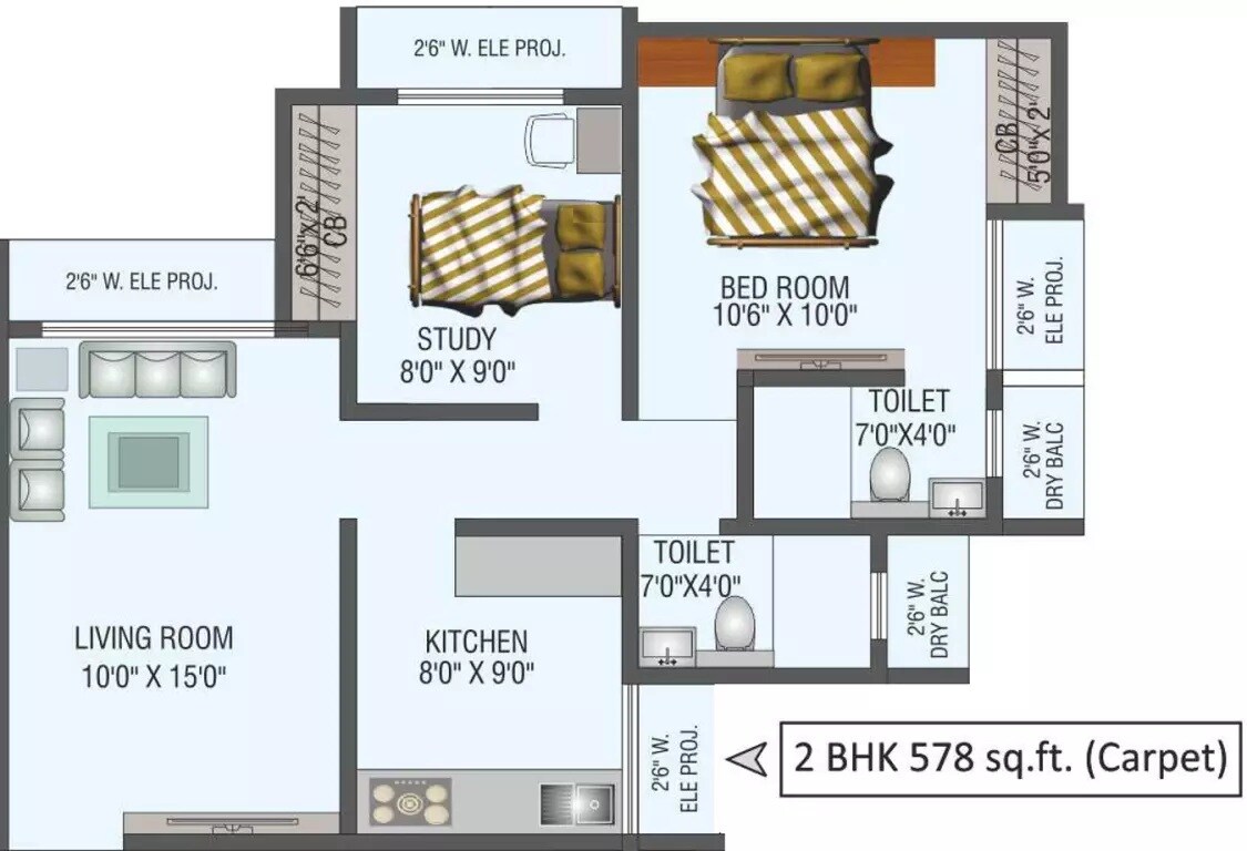 Floor plan of 2 BHK 578 Sq. Ft. Apartment in Sapata Shree Heights, Thane