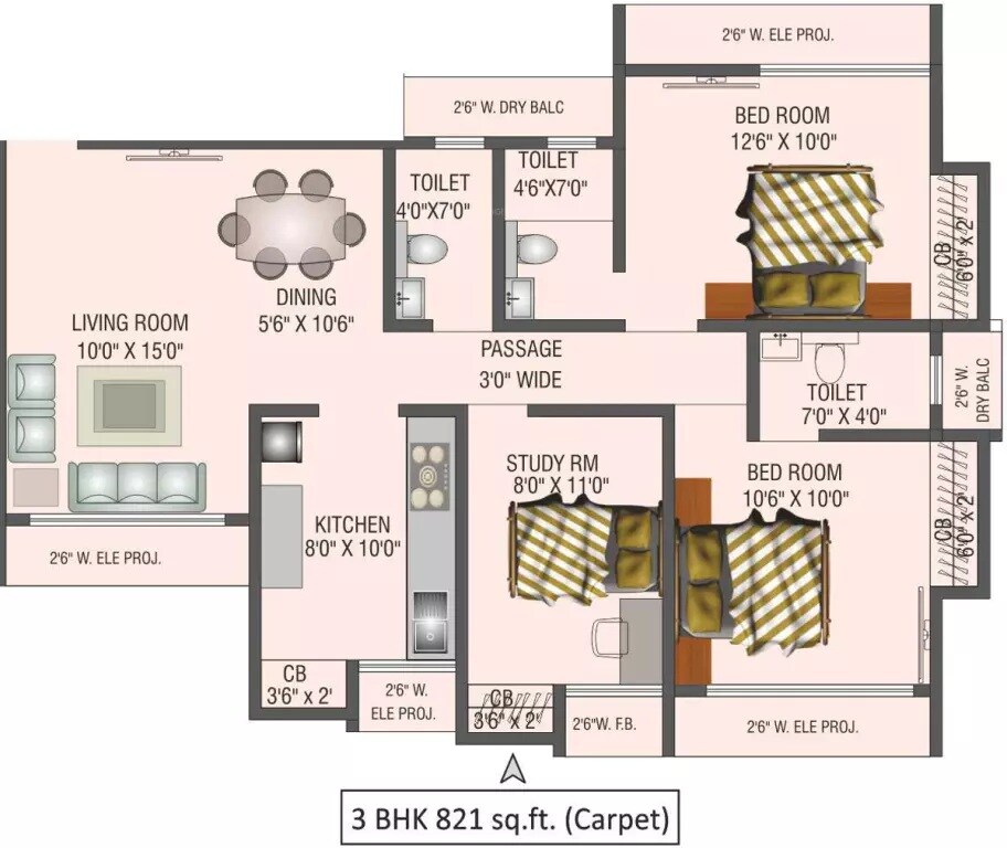 Floor plan of 3 BHK 821 Sq. Ft. Apartment in Sapata Shree Heights, Thane