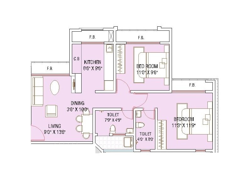 Floor plan of 2 BHK 455 Sq. Ft. Apartment in Saptashree Galaxy, Thane