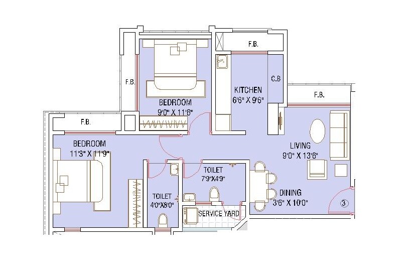 Floor plan of 2 BHK 611 Sq. Ft. Apartment in Saptashree Galaxy, Thane