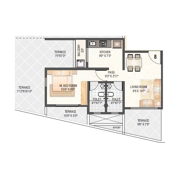 Floor plan of 1 BHK 454 Sq. Ft. Apartment in Saptashree Galicia, Thane