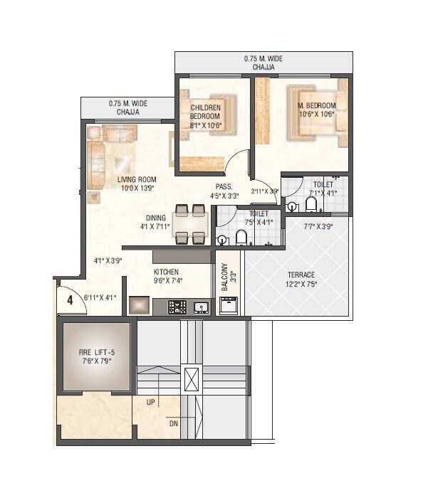 Floor plan of 2 BHK 624 Sq. Ft. Apartment in Saptashree Galicia, Thane