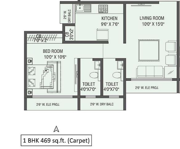 Floor plan of 1 BHK 469 Sq. Ft. Apartment in Saptashree Heights, Thane