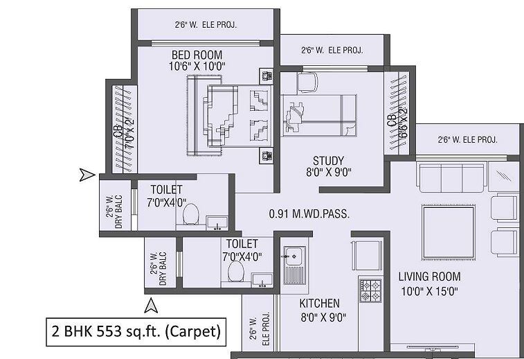 Floor plan of 2 BHK 553 Sq. Ft. Apartment in Saptashree Heights, Thane