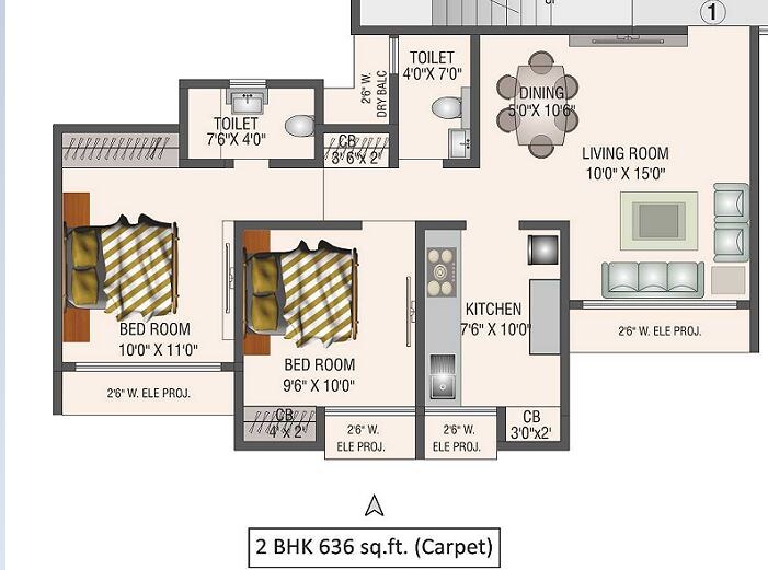 Floor plan of 2 BHK 636 Sq. Ft. Apartment in Saptashree Heights, Thane
