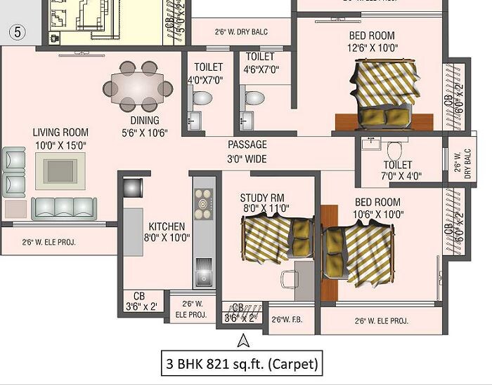 Floor plan of 3 BHK 821 Sq. Ft. Apartment in Saptashree Heights, Thane