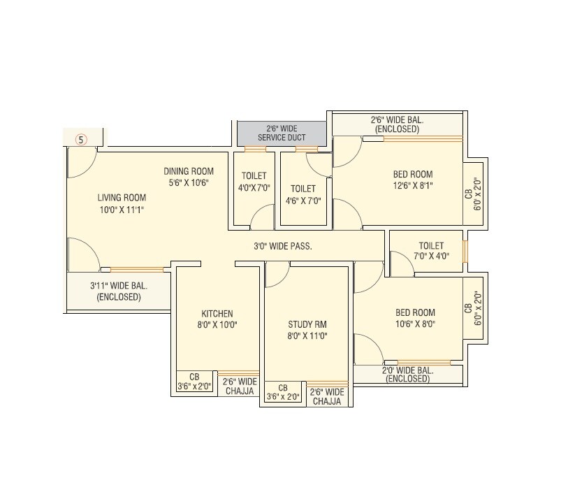 Floor plan of 3 BHK 847 Sq. Ft. Apartment in Saptashree Heights, Thane